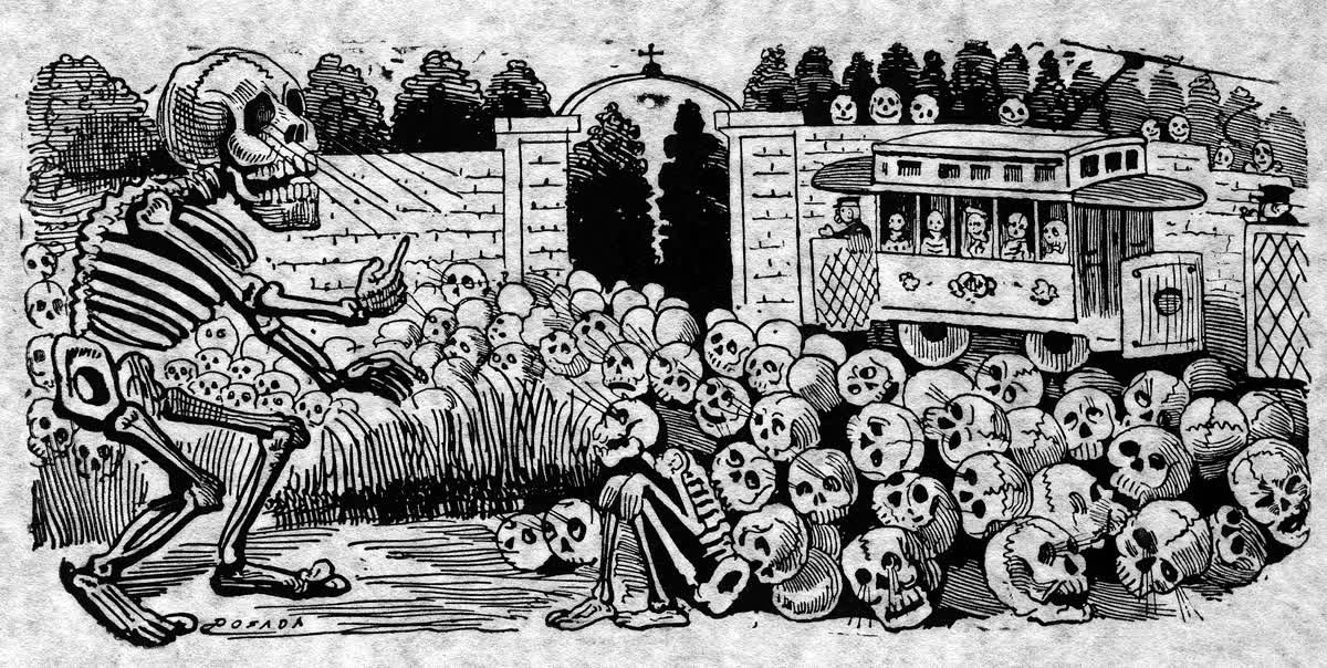 Incisione di José Guadalupe Posada: una grande calavera davanti a una folla di teschi, con un tram sullo sfondo.